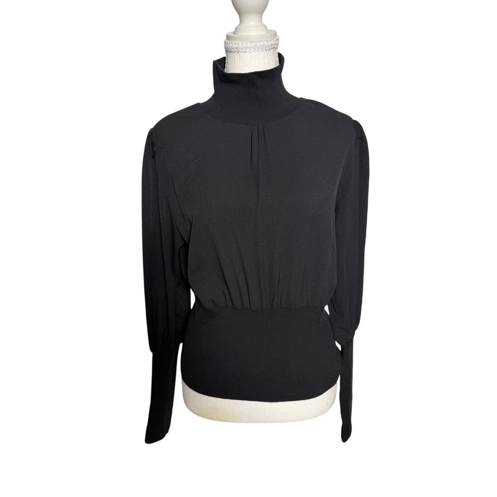 French Connection Black Turtleneck Blouse Ribbed Waist Puff Sleeve Top